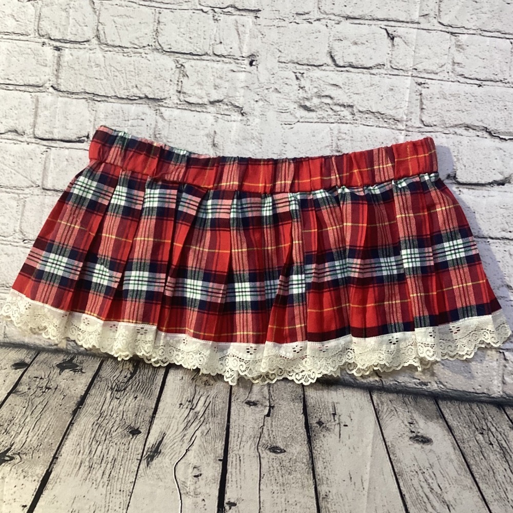 Adome Red Plaid Pleated Micro Mini Skirt Lace Trim Tartan Schoolgirl Cosplay